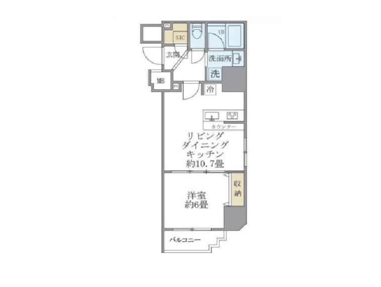 - コンパクトな1DK風の間取り図、リビングダイニングキッチン約10.7畳と洋室約6畳、バルコニーと収納スペース付きの日本のマンション間取り図