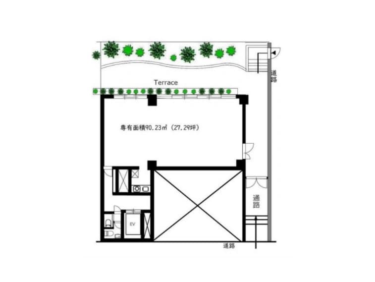 - 屋外テラスと植物を配置した上部の緑豊かなガーデンを含む平面図、右側に階段、下部にエレベーターと設備のあるビルの断面風配置図