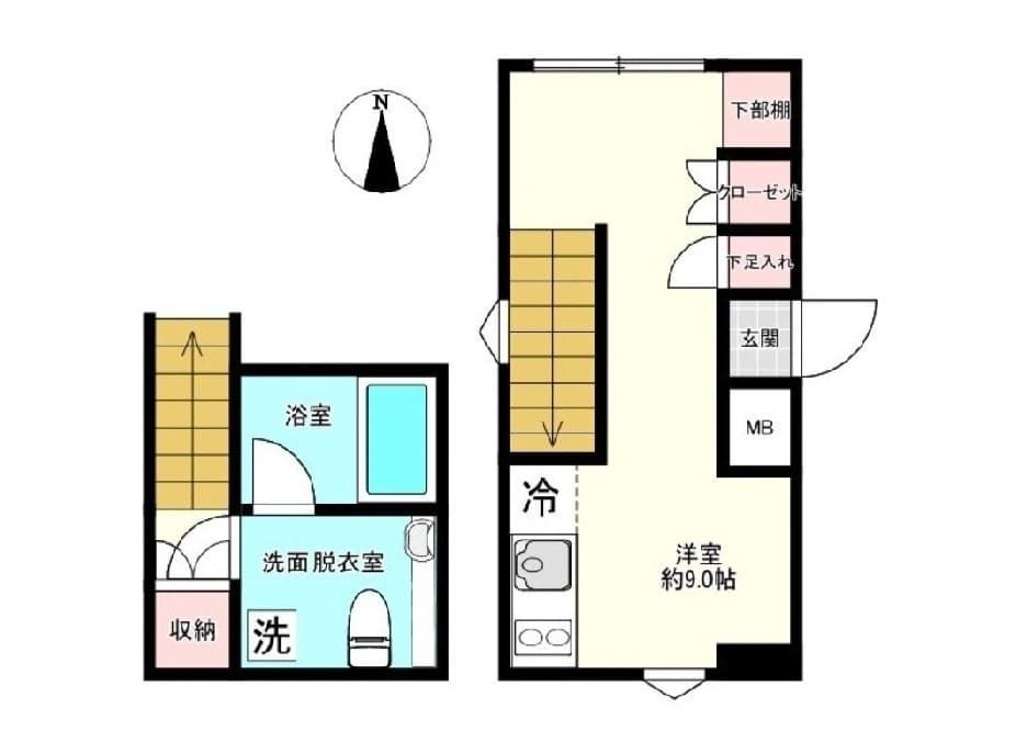 - 一人暮らし用の2階建て間取り図。1階に玄関・MB・下部棚、2階には洋室約9.0帖とキッチン・冷蔵庫・洗面脱衣室、浴室、階段、収納スペースが配置された日本のアパート平面図