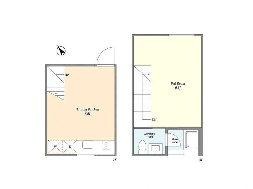 - 2階にダイニングキッチン6.5畳、L字型キッチンと洗濯機スペース、出入口と階段のガードが描かれた平面図
- 3階に寝室6.6畳とトイレ・浴室、階段と動線、洗面所を備えた三層の間取り図
