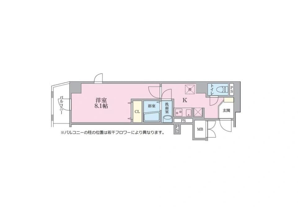 - ロフト風のワンルーム型プラン、東側に玄関・キッチン・トイレ、中央に洗面室・浴室、左端にバルコニー付きの洋室8.1帖、全体をピンク色で表示した間取り図