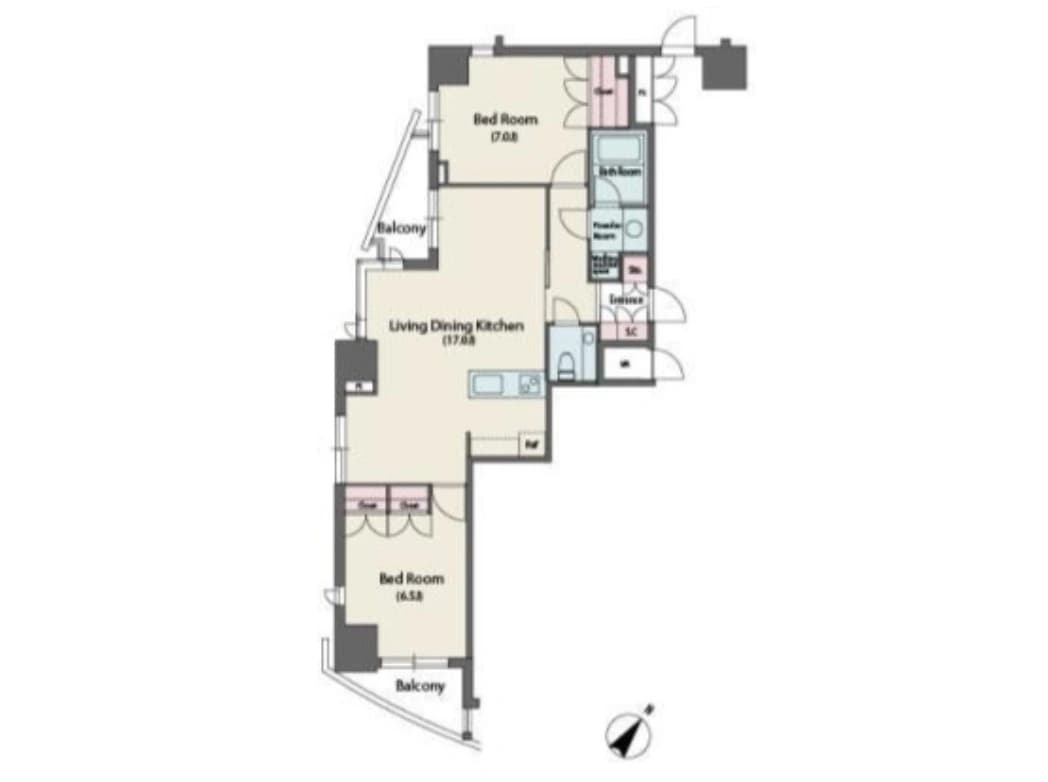 - 間取り図: L字型の3LDKマンション、リビングダイニングキッチンと2つのベッドルーム、バルコニーとバスルーム・トイレ・洗濯機スペース、北西方向を示す方位マーク付きの平面図
