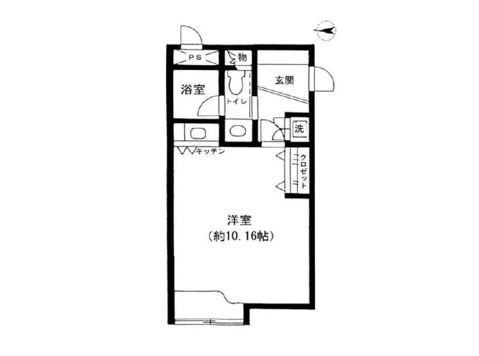 - ワンルームタイプの間取り図、玄関・キッチン・浴室・トイレ・洗濯機置き場・クローゼットを備えたコンパクトなアパートの平面図
- 約10.16帖の洋室を中心に、玄関横にトイレと浴室、キッチン、洗濯機置きスペース、右側にクローゼットを配置した縦長の間取り図