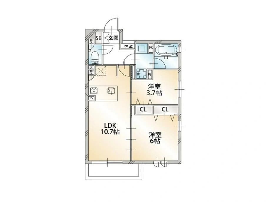 - 東向きの2LDKの間取り図、リビングダイニングキッチン(LDK)10.7帖と洋室2部屋、バス・トイレ・洗面・玄関の配置を示す平面図
- LDKを中心に洋室6帖と洋室3.7帖、クローゼット(CL)付きの居室レイアウト、窓と出入口の位置が描かれた住宅平面図
