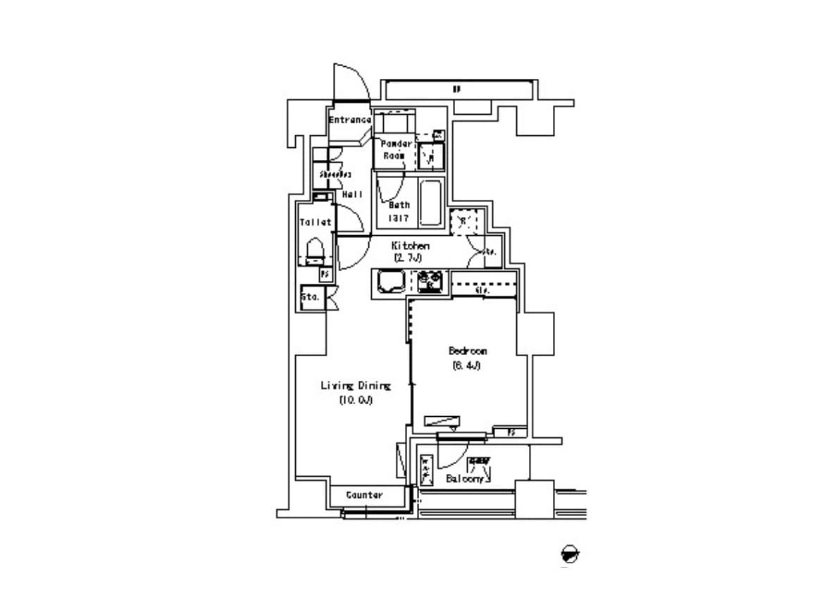 - マンションの間取り図、リビングダイニングとベッドルーム、キッチン、バスルーム、バルコニー、玄関ホールを含む平面図の黒線画