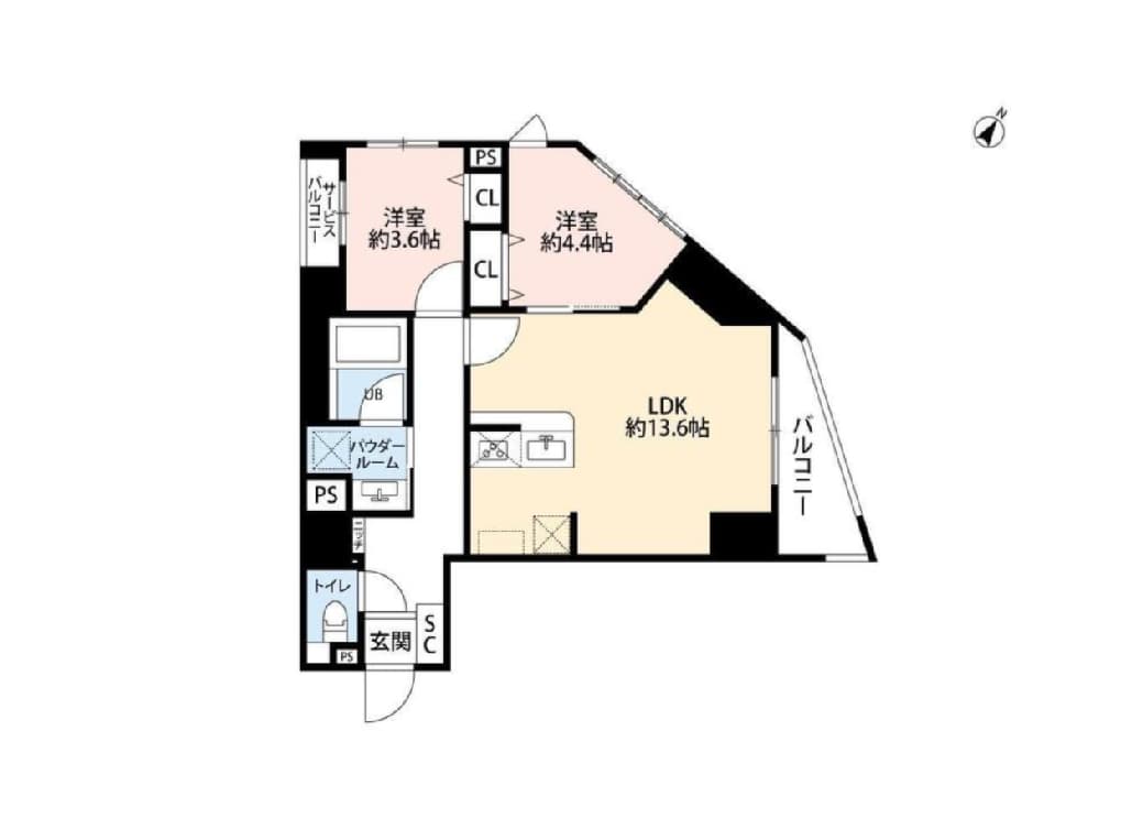 - 三部屋構成の間取り図、LDK約13.6帖と洋室2部屋、バルコニー付きの日本の分譲マンション平面図
- LDKを中心にキッチンが配置されたリビングダイニング、北西に洋室約3.6帖・約4.4帖、バルコニーへ抜ける動線付きの間取り図