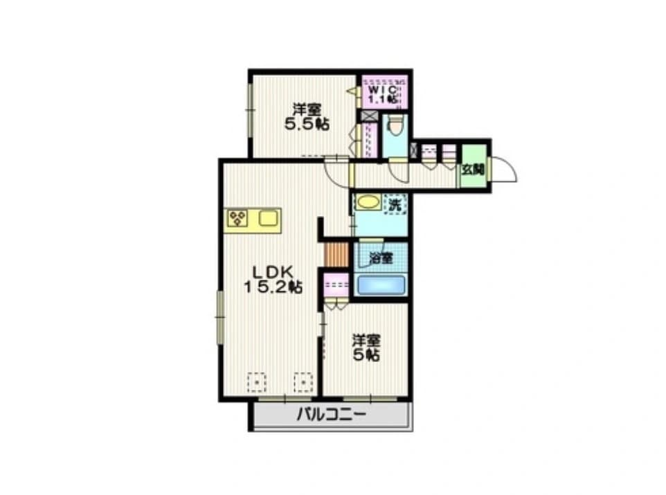 - 2LDKの間取り図、リビングダイニングキッチン(LDK)15.2畳、洋室5.5畳と5畳、バルコニー付き、玄関・洗面・浴室・トイレの動線が配置されたマンションの平面図