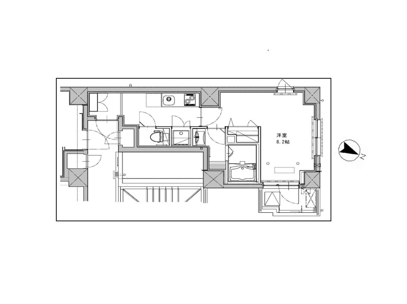 - 建築図面の平面図、各部屋と水回りの位置関係を示す黒線の線画、リビング・洋室・浴室などの部屋名とドア配置が描かれた設計図