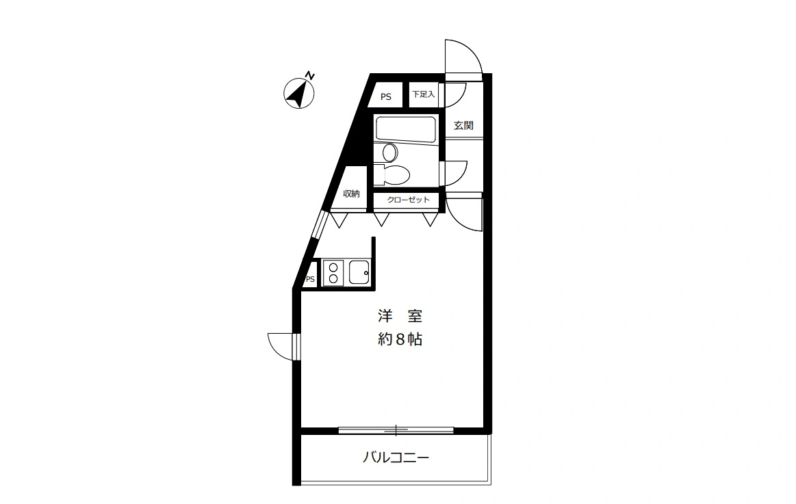 - 一室タイプのワンルーム風間取り図、約8畳の洋室とバルコニー、キッチン・収納・クローゼット・玄関・浴室スペースを含む間取り図の平面図