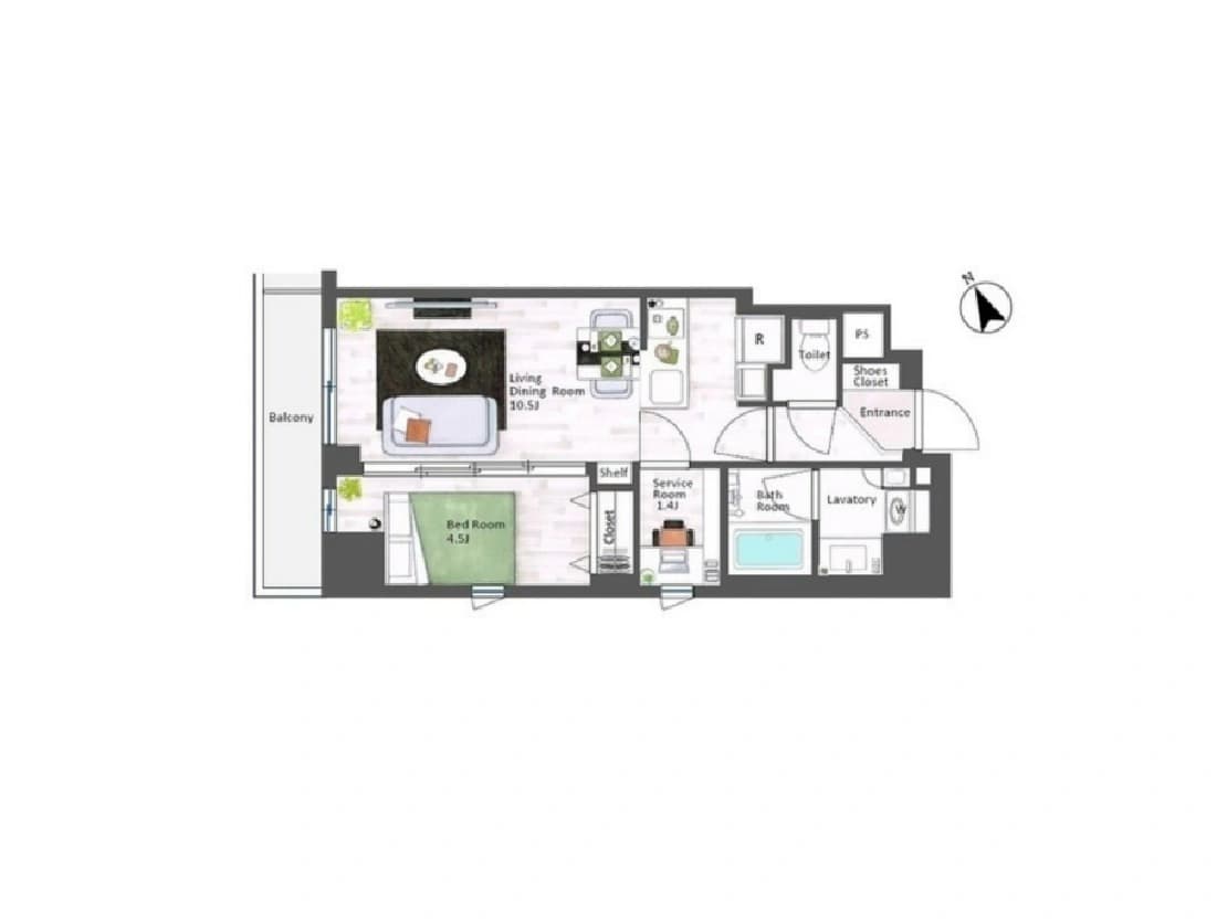 - コンパクトな平面図の賃貸住宅、リビングダイニングとキッチンが一体化した空間、ベッドルーム1部屋とサービスルーム、バスルーム・トイレ・洗面所が配置された間取り、バルコニーと玄関、各部屋に収納スペースあり