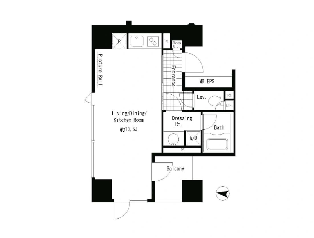 - 1LDKの間取り図、リビングダイニングキッチンとバルコニー、キッチンにはシンクとコンロ、洗濯機置場のあるスペース、ダイニング横に Dressing Room・Bath・Lav.、入り口近くにエントランスとMB EPS、窓付きの大きなリビング中央部に特徴的な間取り図