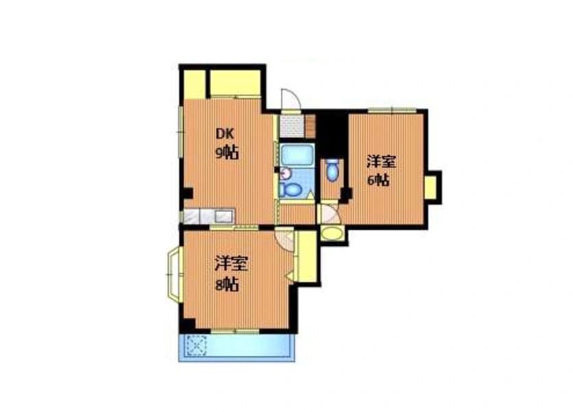 - 間取りの平面図、DK9帖のリビングダイニングと3部屋(洋室8帖と洋室6帖)、風呂トイレが中央付近に配置された二階建て風の居住空間の画像