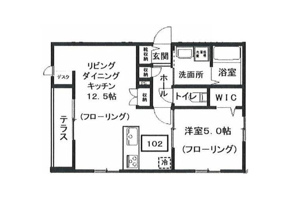 - 1LDKの間取り図、リビングダイニングキッチン12.5帖と洋室5.0帖、玄関・ホール・洗面所・浴室・トイレ・WIC・テラスを備えた日本のマンション間取り図