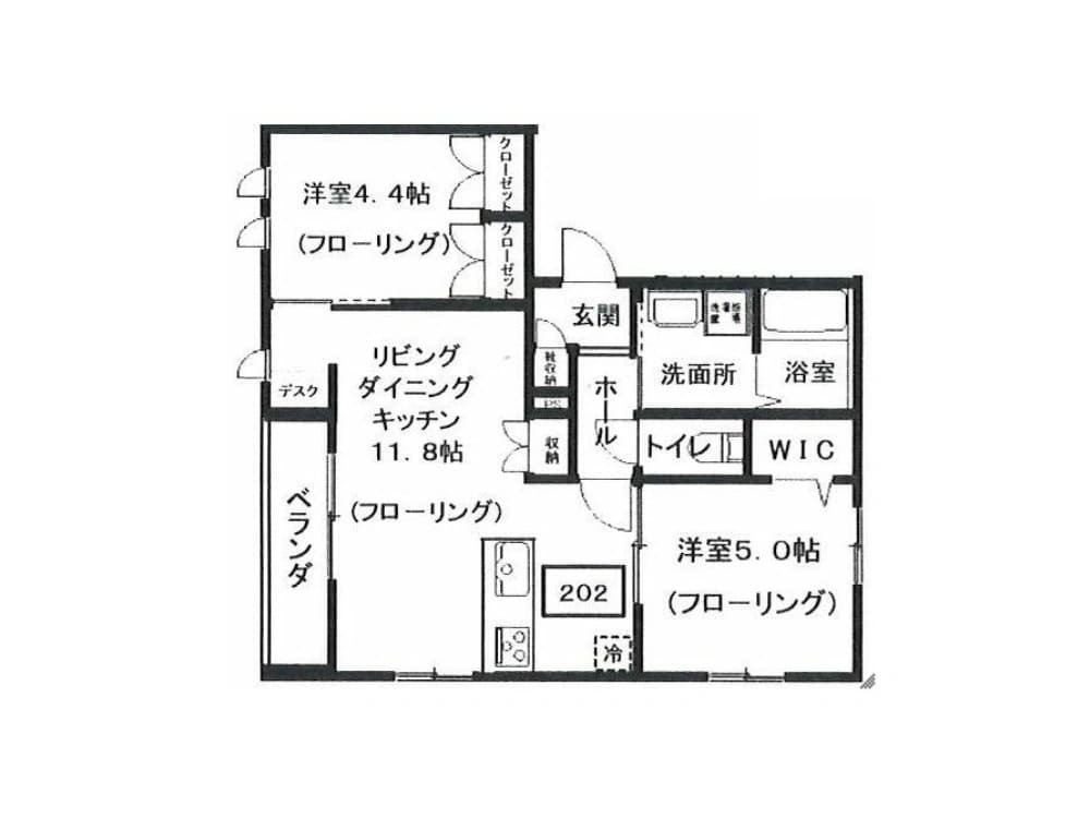 - 2LDKの間取り図、リビングダイニングキッチン11.8帖と洋室4.4帖・5.0帖、ベランダ付き、玄関・ホール・洗面所・浴室・トイレ・WICを備えた日本の賃貸マンション平面図