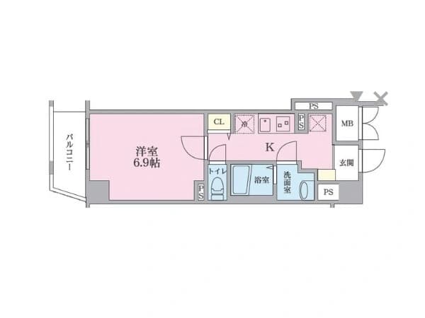 - バルコニーに面した1部屋とキッチンを含む細長い1LDKの間取り図。洋室は6.9帖、入口から玄関・洗面室・浴室・トイレを経てK(キッチン)へと繋がり、主に pink色で表示された居室と青色で区分された水まわりエリアが描かれた間取り。