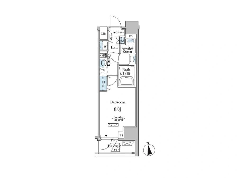 - コンパクトな1K型賃貸マンションの間取り図、玄関・ホール・キッチン・洗面室・浴室・寝室8.0畳とバルコニーを備えた縦長の平面図
