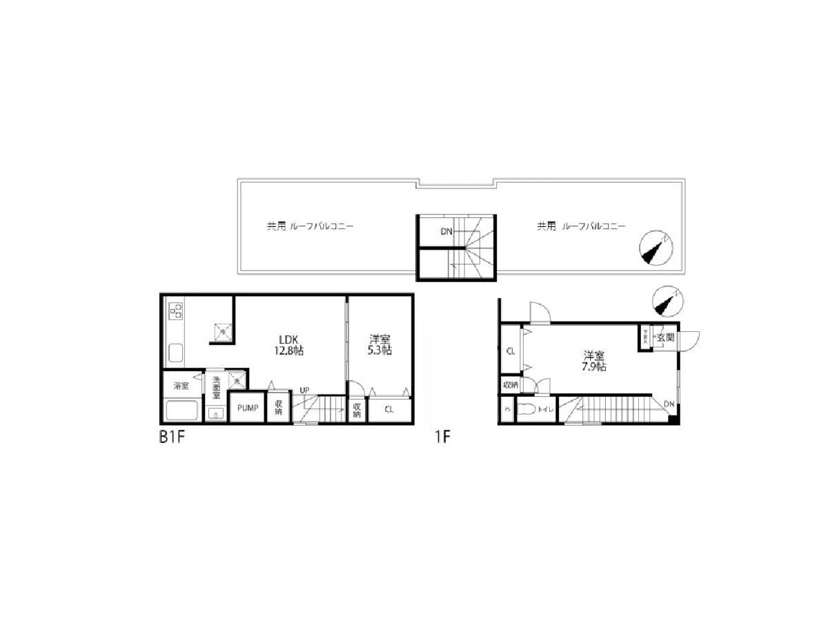 - 二世帯型の間取り図。1Fにリビングダイニングキッチン(LDK)12.8帖と洋室5.3帖、B1Fに浴室・洗濯機置場・PUMP、収納スペース、階段、2階に洋室7.9帖と玄関ホールを配した階段室付きの平面図