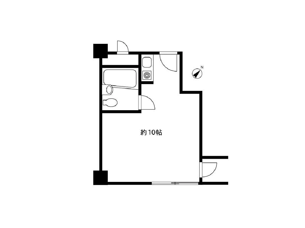 - 1室約10帖のワンルーム型賃貸住宅、キッチンとバス・トイレを配した角部屋の間取り図、出入口と窓の位置を示すブラックアンドホワイトの平面図