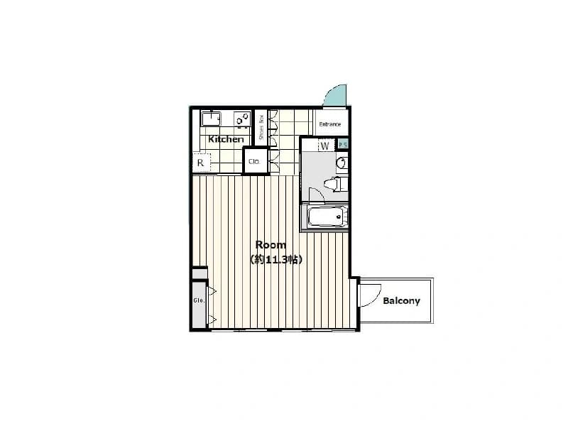 - ワンルームの間取り図、キッチンと浴室・トイレが隣接、床は木目調、入口横にクローゼット、室内にはバルコニーへ出る出入口あり、約11.3帖のリビングスペースを備えたコンパクトな居住空間