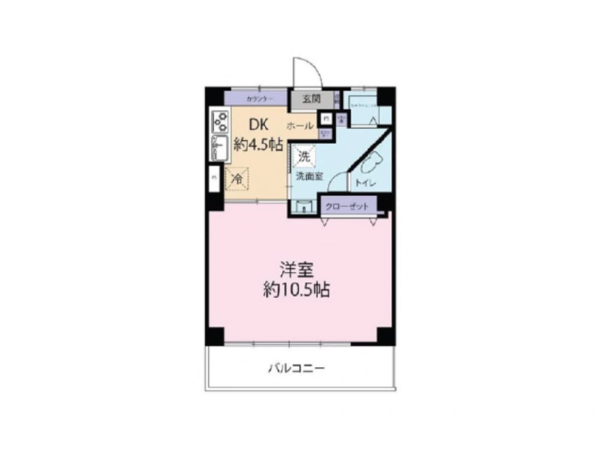 - バランスの取れた間取りの1DKタイプ、玄関からホールを抜けてDK約4.5帖と洋室約10.5帖、バルコニーに面したリビングスペース、キッチンにはカウンターと冷蔵庫スペース、洗面室・トイレ・クローゼットがまとまった機能的な居室配置の平面図