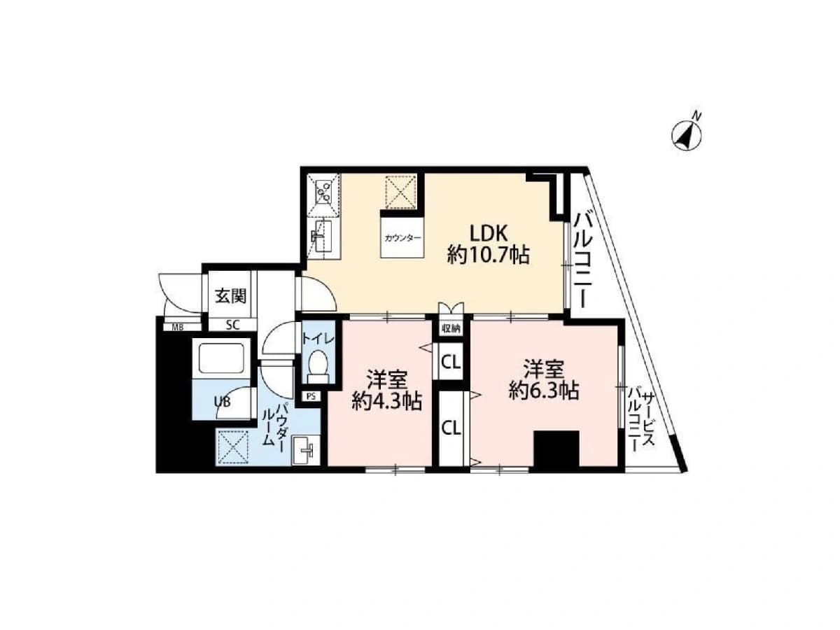 - 間取り図: LDK約10.7帖と洋室2部屋、バルコニー2方向、キッチンカウンター付きの3LDK風平面図