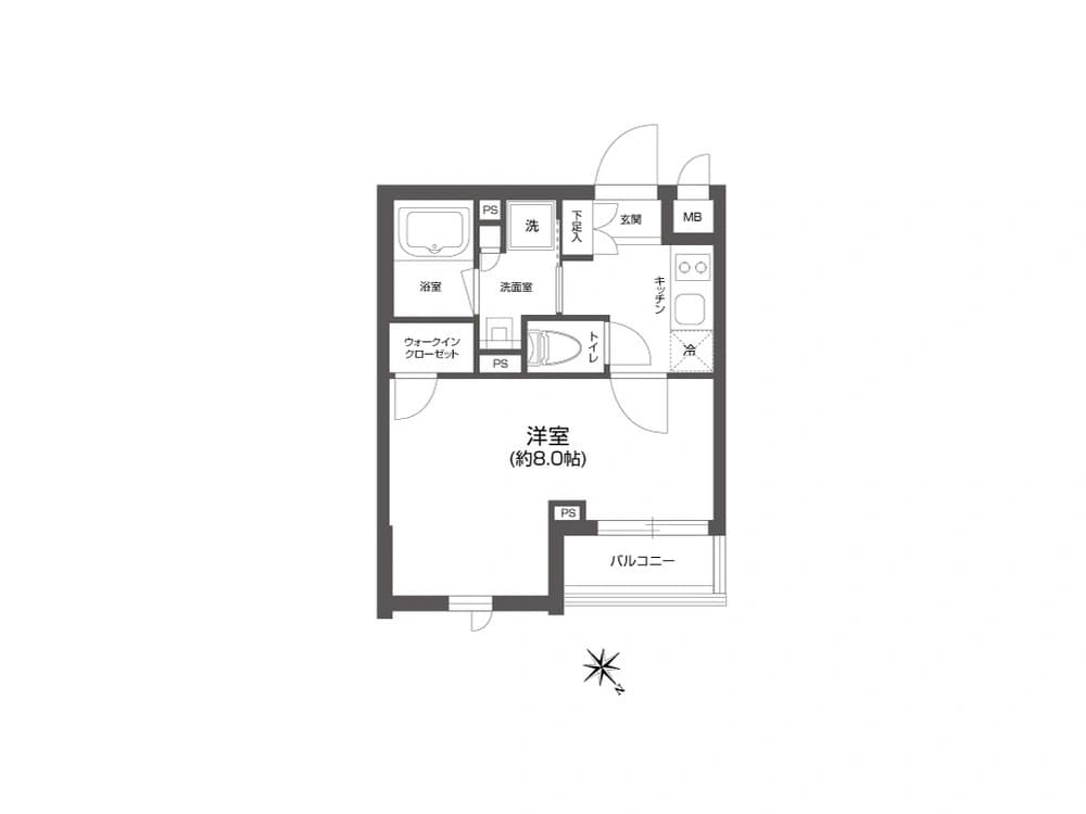 - 1K/1Rの間取り図、洋室約8.0帖とバルコニーを備えたコンパクトな賃貸マンションの平面図、キッチン・浴室・トイレ・洗面所・ウォークインクローゼット・PS表示あり、玄関と窓の位置が示された白黒の設計図