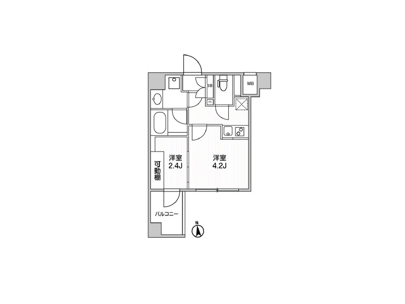 - コンパクトな2部屋の間取り図、洋室2.4Jと洋室4.2J、バルコニー・可動棚付きの小型居室、玄関横には水回り設備と収納スペースが配置された日本の賃貸アパートの平面図