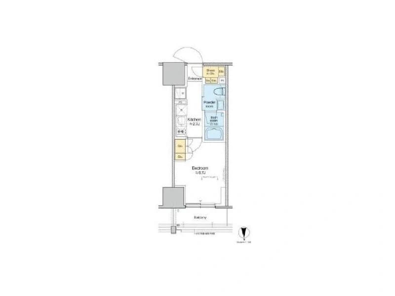 - バスルーム・トイレ・キッチンを備えた細長い1Kレイアウトの賃貸マンションの間取り図、寝室はバルコニーに面し、キッチン横に洗濯機置き場、中央にクローゼット、入口付近にポーチ状のスペースあり