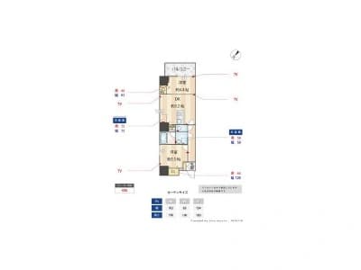 - 小さめの間取り図、各部屋の名称と寸法が記された住宅プランの平面図
