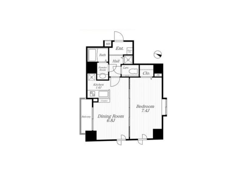 - コンパクトな1LDK風の間取り図、玄関・ホール・キッチン・ダイニング・寝室・バルコニーが配置された黒色の線画の平面図