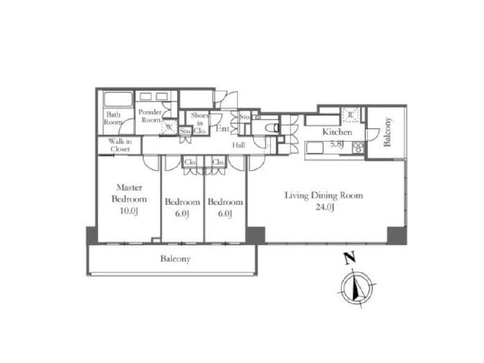- 3方屋根の間取り図、主寝室と子供部屋、リビングダイニングの配置とバルコニーを示す住宅平面図