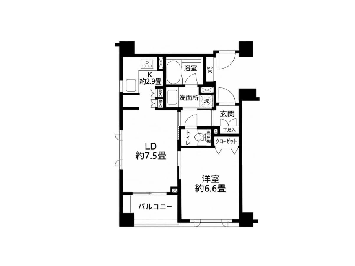 - 間取り図:LD約7.5畳のリビングダイニングと約6.6畳の洋室、バルコニー、キッチン約2.9畳、浴室・洗面所・トイレ・玄関・クローゼットを配置した日本のマンション間取り図