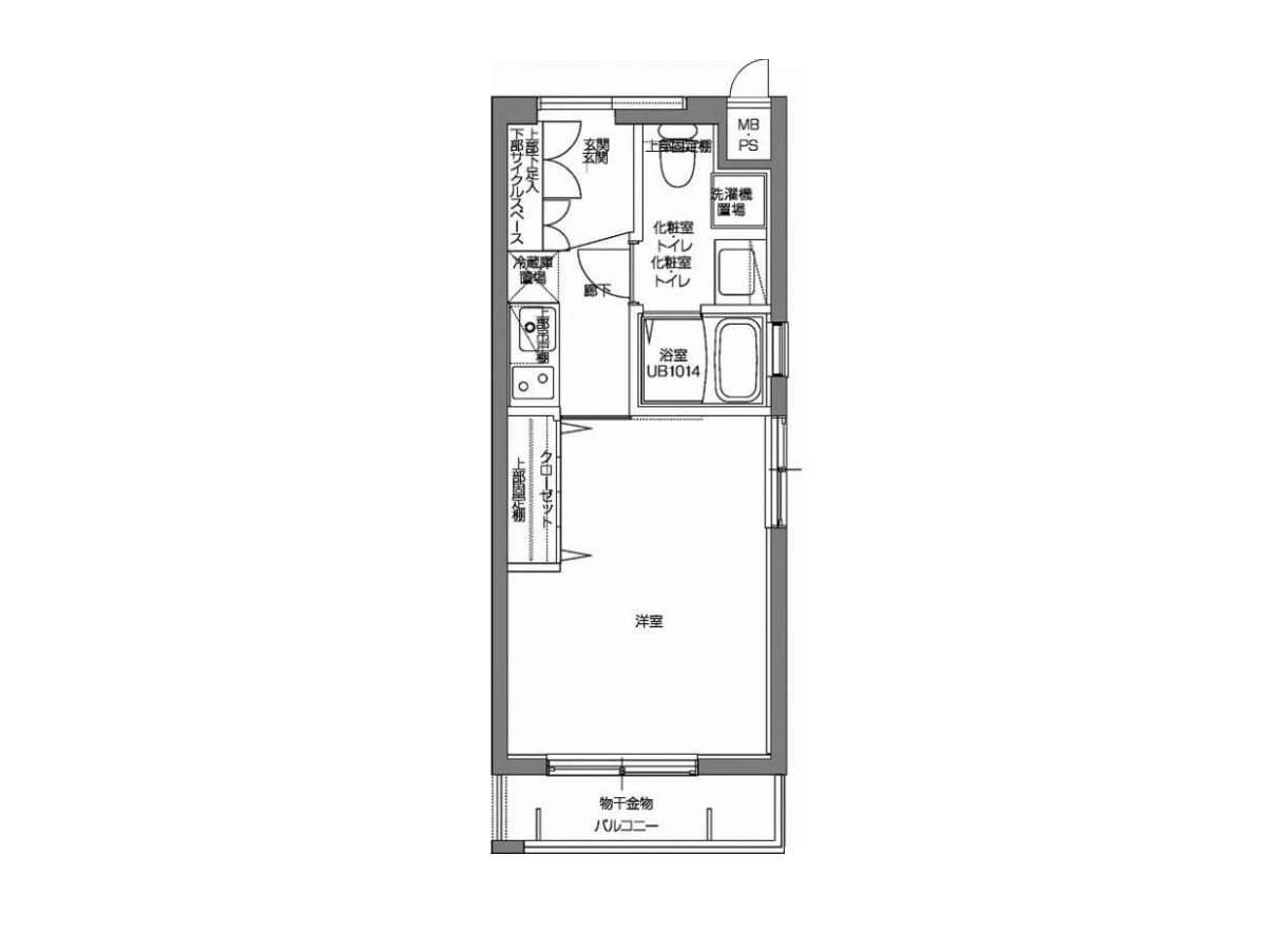 - バランスの取れた間取りの1DKタイプの賃貸住宅平面図、玄関・キッチン・浴室・トイレ・クローゼット・洋室・バルコニーを配置した日本の賃貸住宅の間取り図