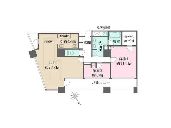 - 間取り図の平面図、玄関・リビングダイニング・キッチン・洋室2・洋室1・バルコニー・洗面室・浴室・ウォークインクローゼット・床暖房エリアを含む日本語のAltテキスト