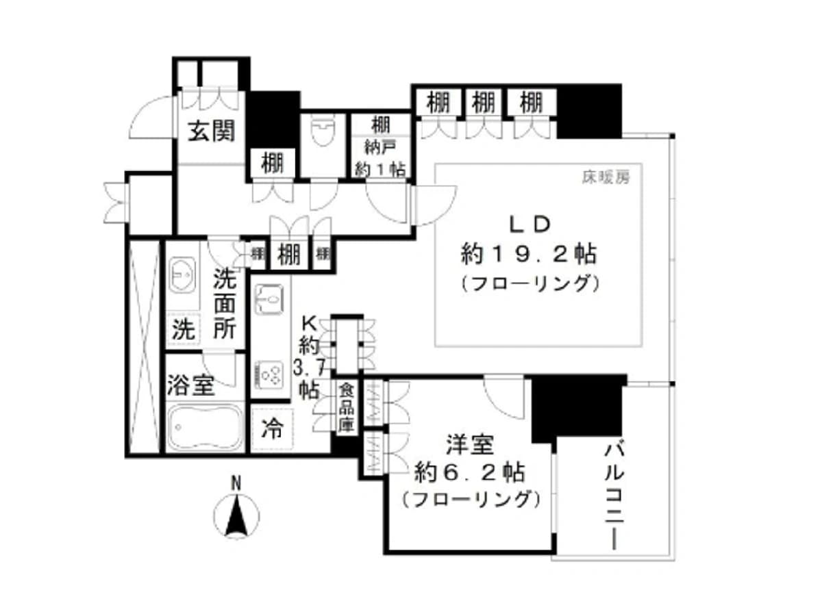 - 2LDKの間取り図、玄関・廊下・リビングダイニング約19.2帖、洋室約6.2帖、キッチン約3.7帖、洗面所・浴室・納戸・食品庫、バルコニーと床暖房のある動線の平面図