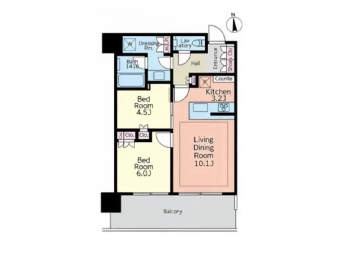 - バルコニーに面したリビングダイニングルームとキッチンを含む2部屋配置の間取り図。洋室2部屋(4.5Jと6.0J)、浴室・洗面・トイレ、玄関ホール、クローゼット、ドレッサールーム、バルコニー付きのマンション間取り。