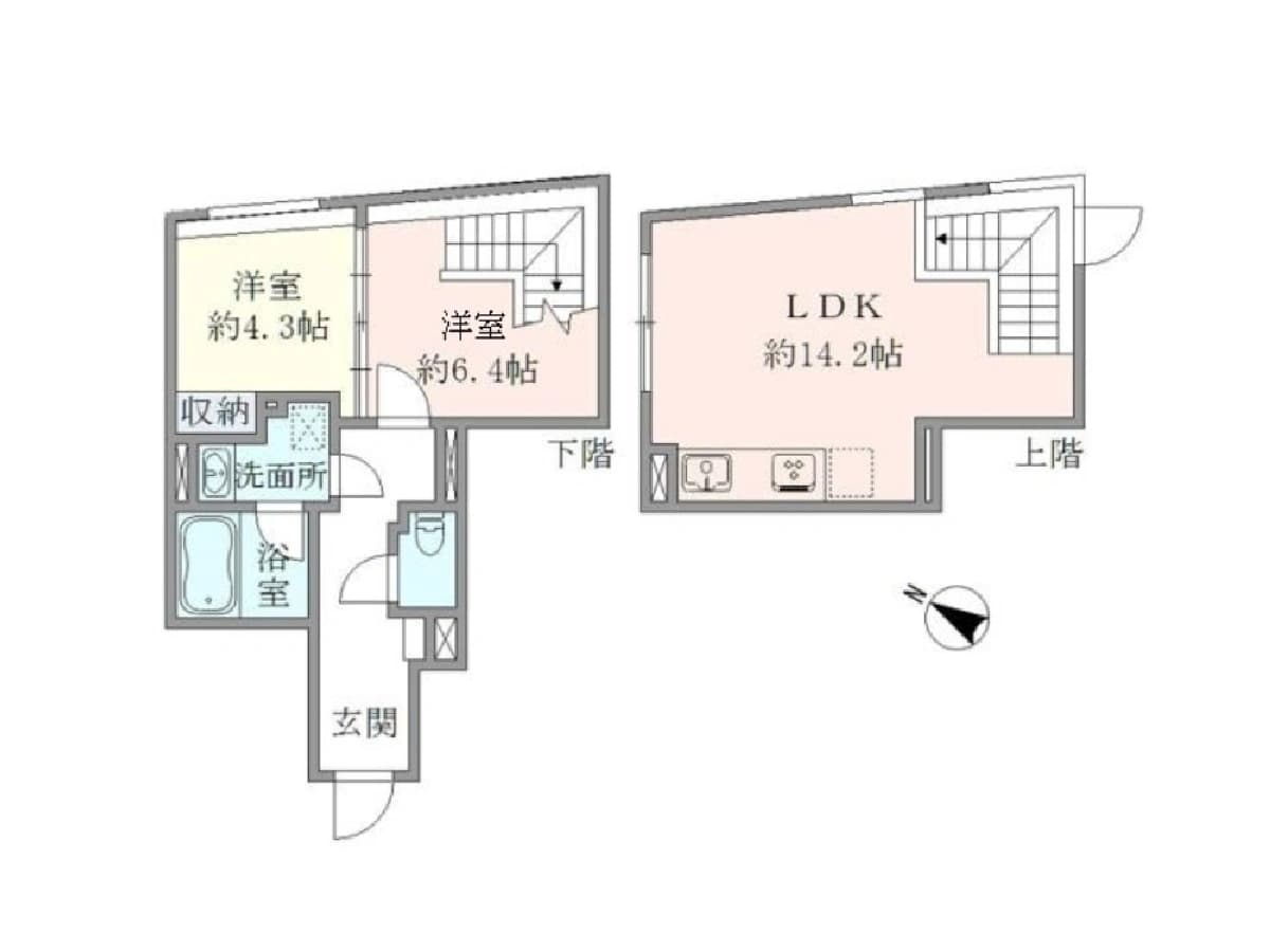 - 二階建ての間取り図、LDK約14.2帖のリビングダイニングキッチンと階段、下階には洋室約6.4帖と洋室約4.3帖、洗面所・浴室・トイレ・玄関の配置が示された住宅平面図