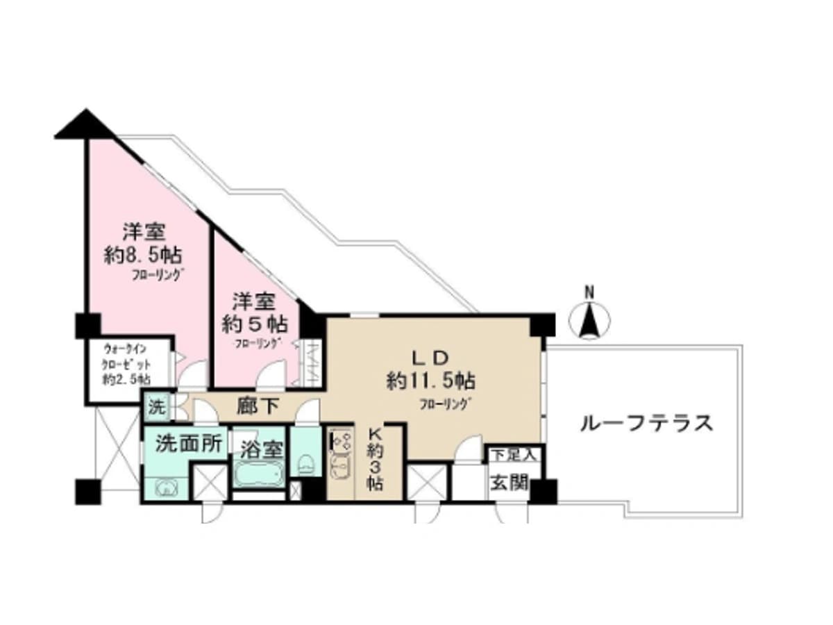 - 間取り図のマンション平面図、LD約11.5帖・洋室約8.5帖・約5帖・K約3帖、洗面所・浴室・廊下・玄関・ルーフテラスを含むフロアプラン