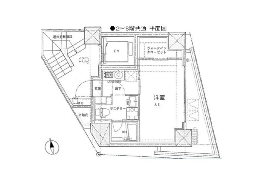 - 2〜8階共同平面図、洋室7.0畳を中心にキッチン・浴室・トイレ・ウォークインクローゼット・玄関などの間取りが示された建築平面図