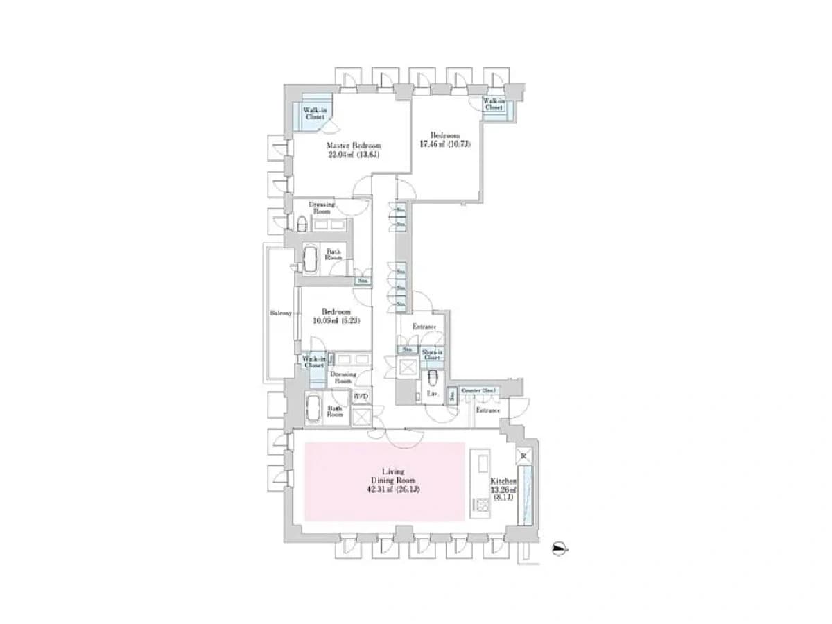- 高層階の間取り図、リビングダイニングとキッチンを含む家屋の平面図、寝室やウォークインクローゼット、バルコニーが配置された居住空間の詳細図