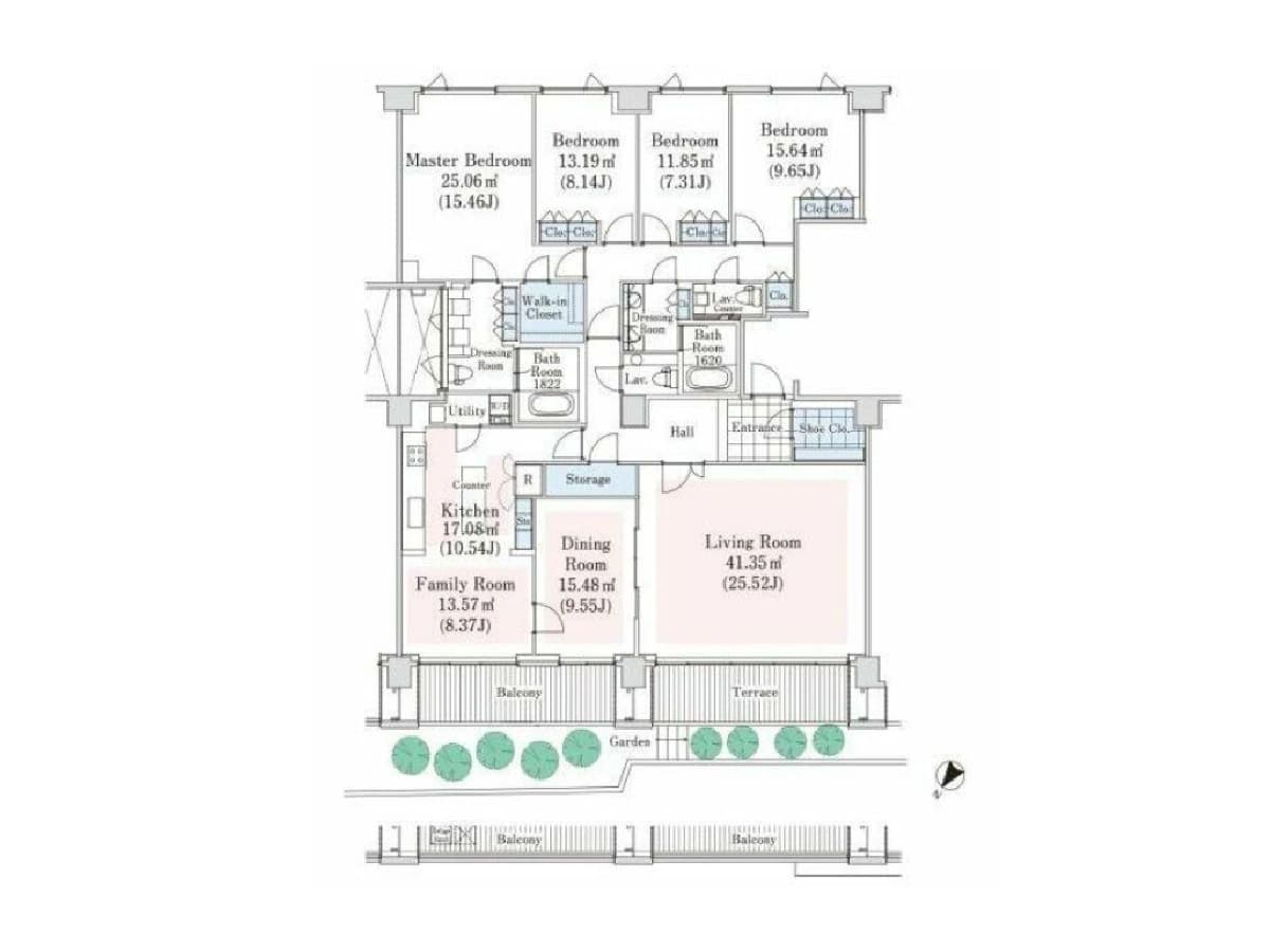 - 広範囲の間取り図、4LDKの住宅プラン、リビングとダイニングが南側に大きく開き、バルコニーと庭を見渡せる設計
- 主寝室を含む3〜4つの洋室、ウォークインクローゼット、パントリー付きキッチン、家族部屋とダイニングがつながる家事動線の平面図
