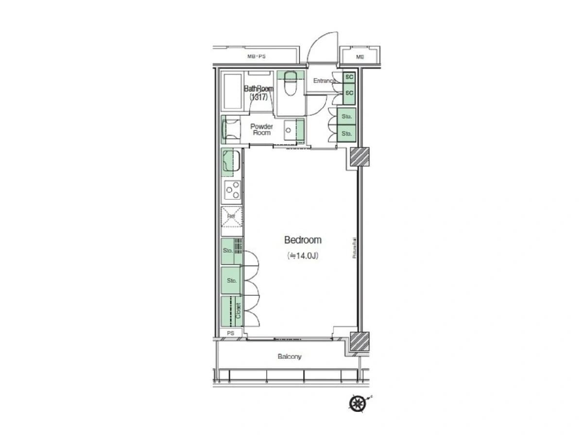 - ワンルーム型の賃貸マンション間取り図、バルコニー付きの寝室14畳、キッチン・洗面所・トイレ・収納スペースを備えた縦長の室内レイアウト