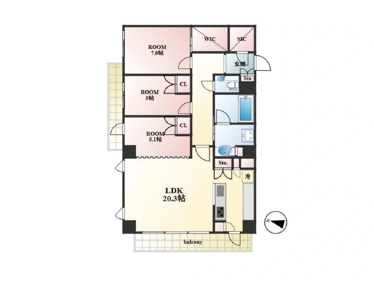 - 間取り図のマンション平面図、LDK20.3畳と3室の居室、バルコニーと玄関、キッチン・浴室・トイレ・収納スペースが配置された上部にWICとSICを備えた典型的な間取り図