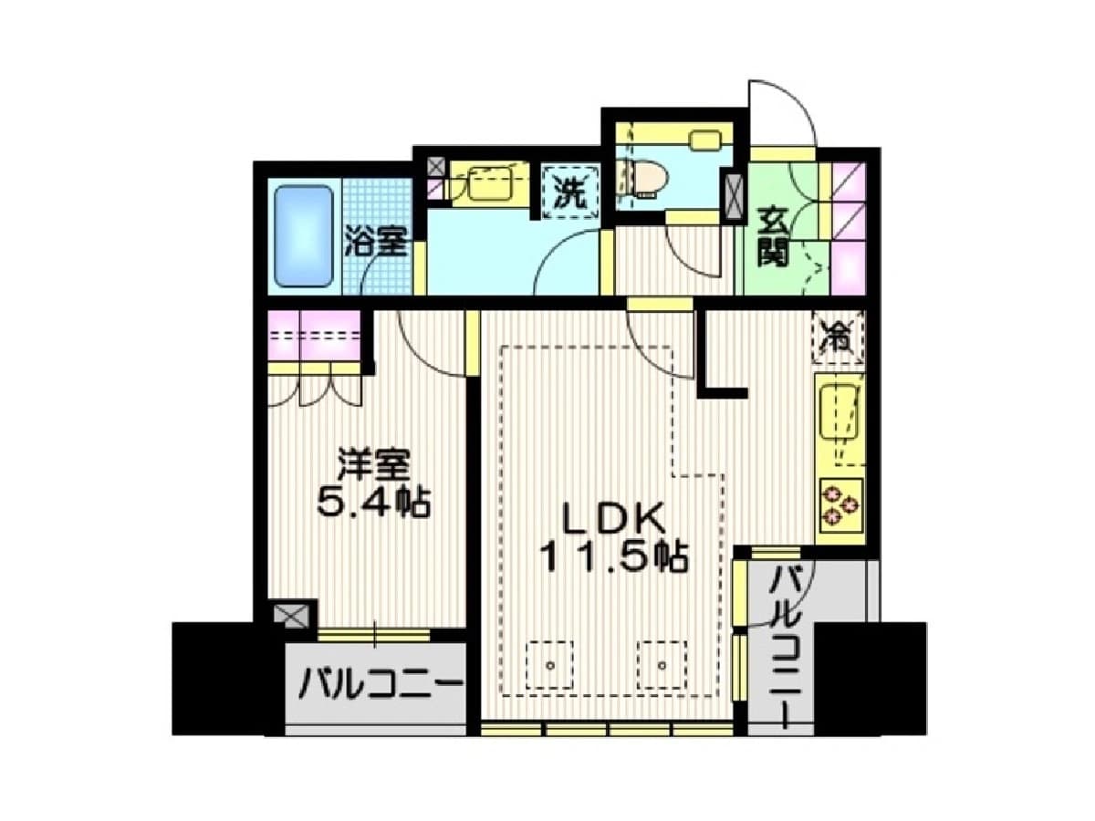 - 1DKの間取り図、リビングダイニングキッチン11.5帖と洋室5.4帖、バルコニー付き、玄関・浴室・洗面・トイレ・キッチン・パントリーの配置が描かれたカラーの平面図