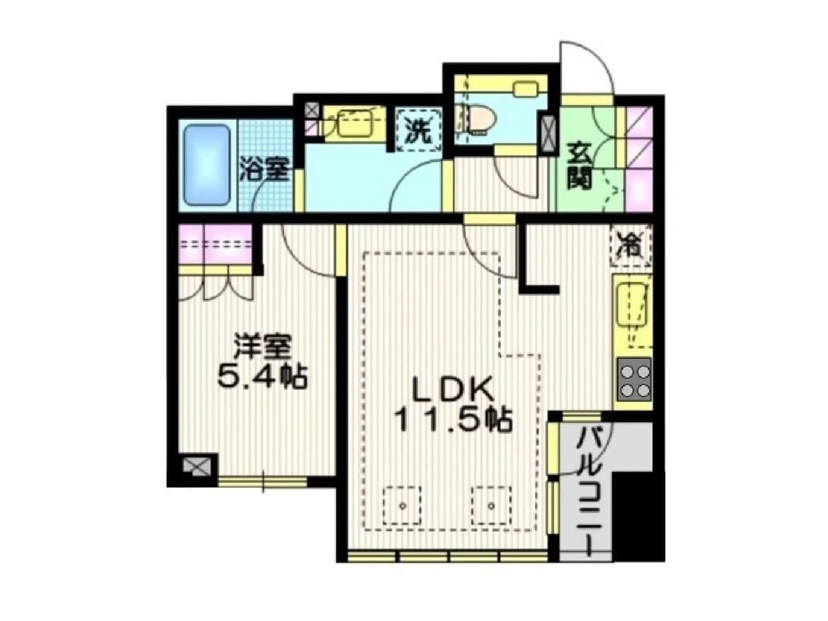 - バランスの取れた間取りのワンルーム風2DK風、LDK11.5帖・洋室5.4帖、独立したキッチンとバルコニー、玄関・浴室・トイレ・洗面所が separated の間取り図
