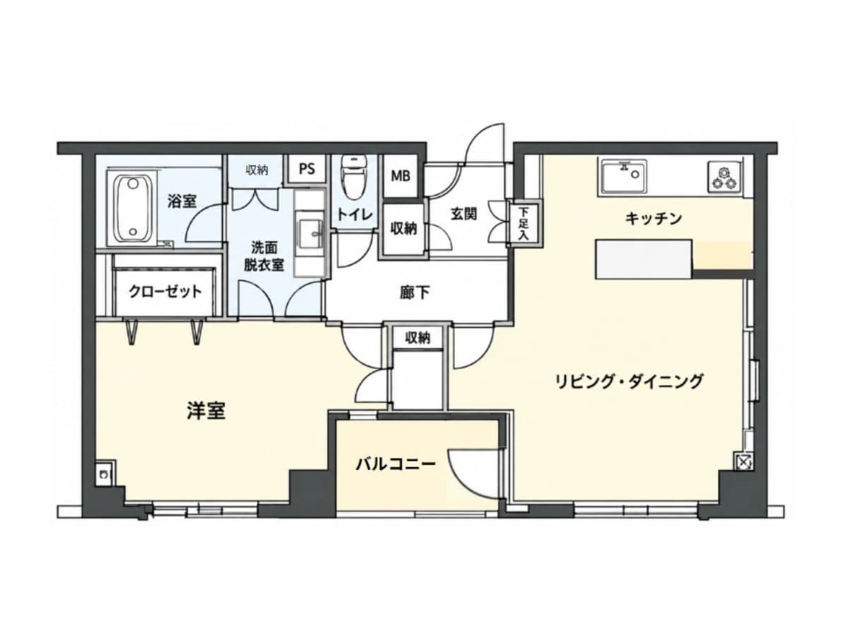 - 1LDKの間取り図、リビング・ダイニングとキッチンが一体化した居間、洋室、バルコニー、洗面脱衣室、浴室、トイレ、収納スペースを含む平面図