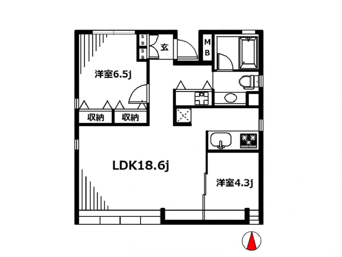 - 間取り図の平面図、LDK18.6畳と洋室6.5畳・4.3畳を備えた2LDKの居住空間、玄関・収納スペース・浴室・トイレ・キッチンが配置された日本式間取りの物件図