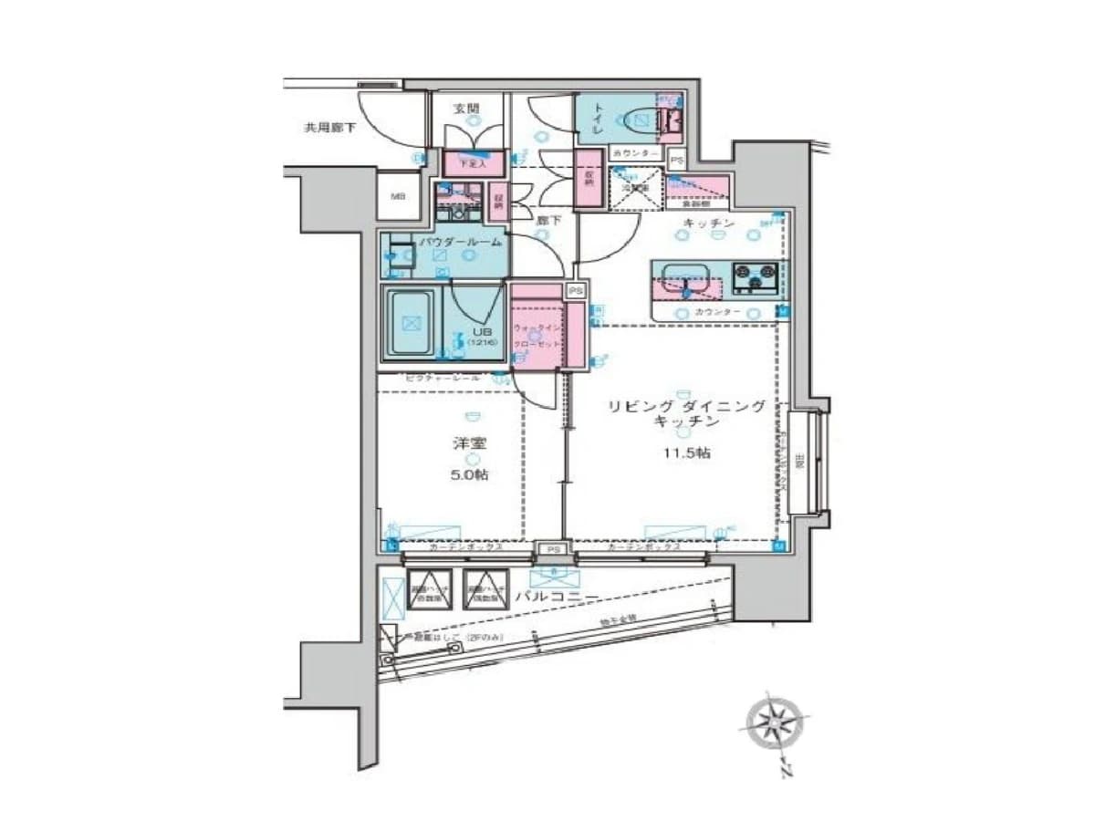 - バルコニーに面するリビングダイニングキッチンと洋室の間取り図、キッチン横にカウンターと設備、浴室・トイレ・パウダールームを含む1LDKの間取り平面図