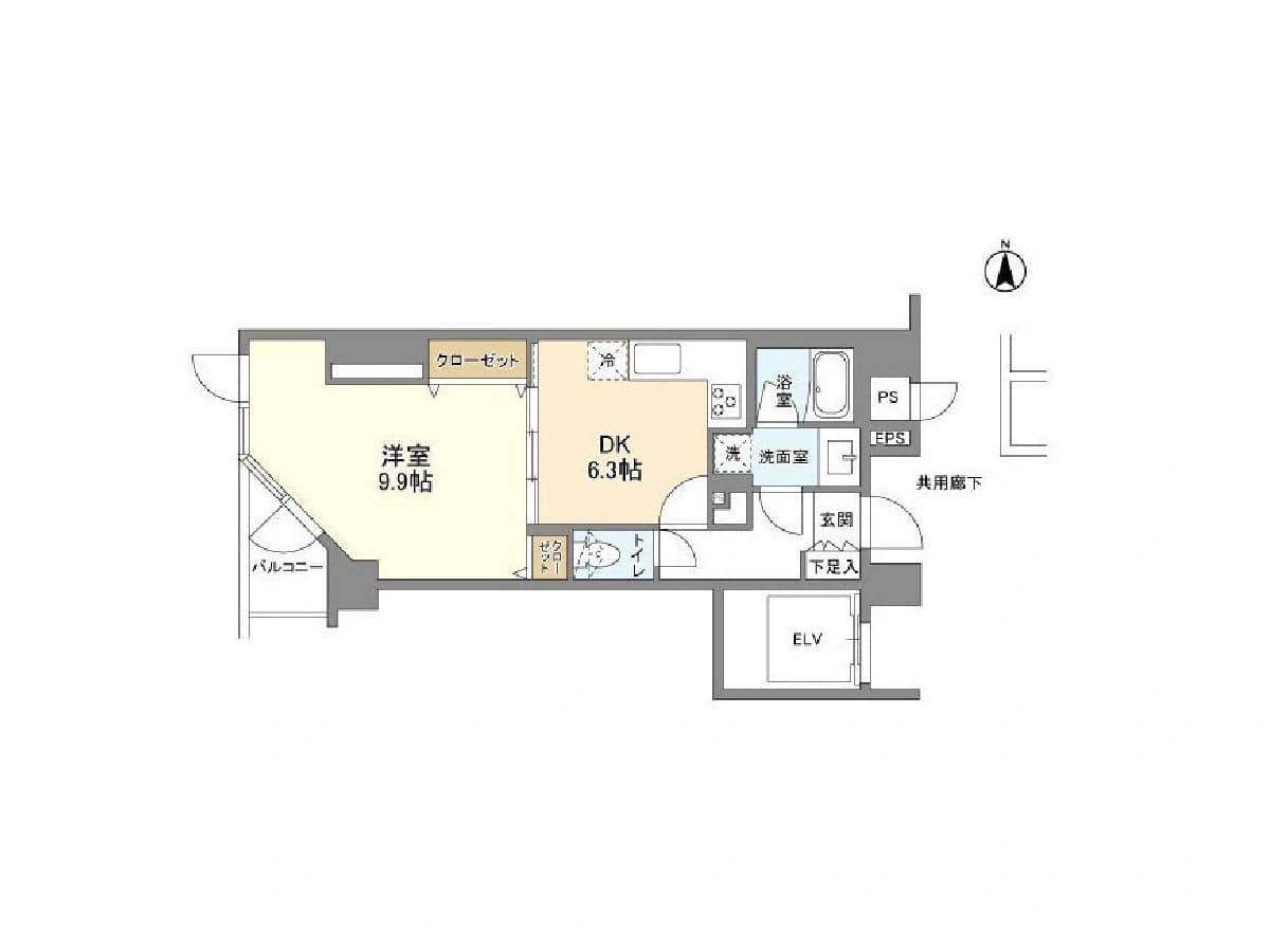 - 間取り図のマンション平面図、DKと洋室、バルコニー・クローゼット・トイレ・洗面室・浴室・玄関・エレベーター・共用廊下が表示された居住空間の配置図