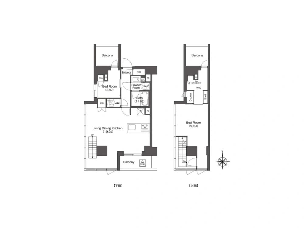 - 二階建ての間取り図、下階にリビングダイニングキッチン、 Bed Room、バルコニー、浴室・洗面スペース、階段と収納、上階に寝室とバルコニー、コンパクトな動線の住宅平面図